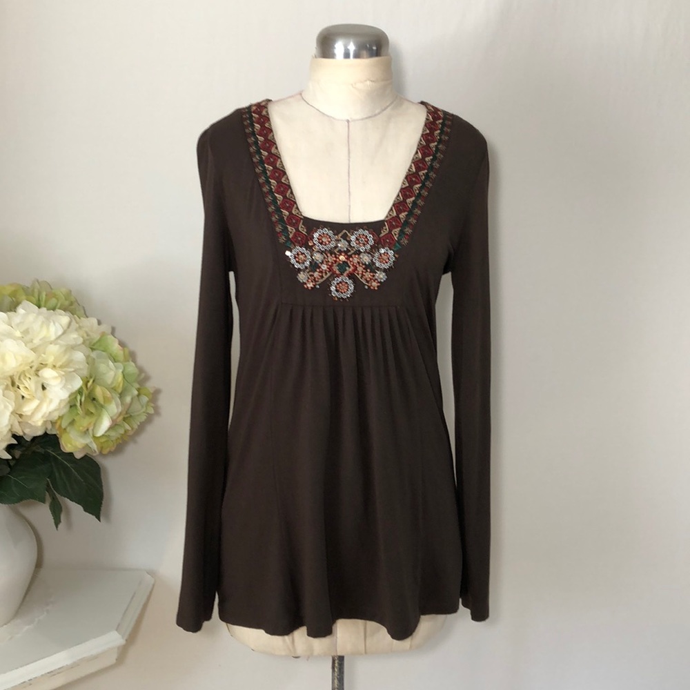 LOFT Beaded & Embroidered Boho Long Sleeve Top.